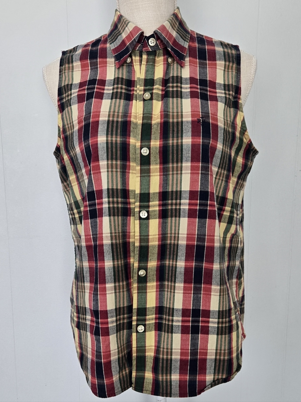 Ralph Lauren Sleeveless Plaid Button-Down Shirt in Red, Green, Cream
